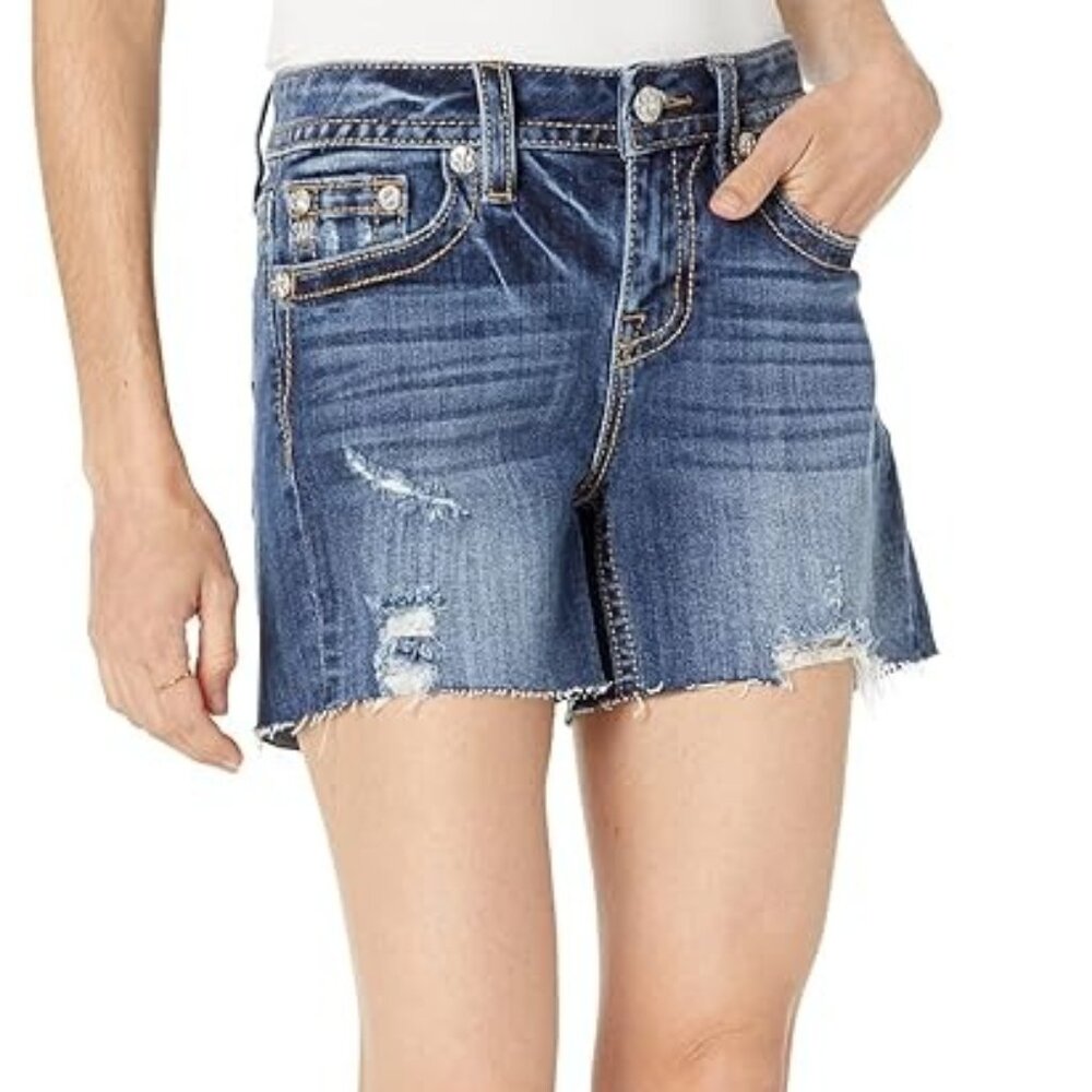 Miss Me Mid-Rise Denim Shorts in Dark Blue